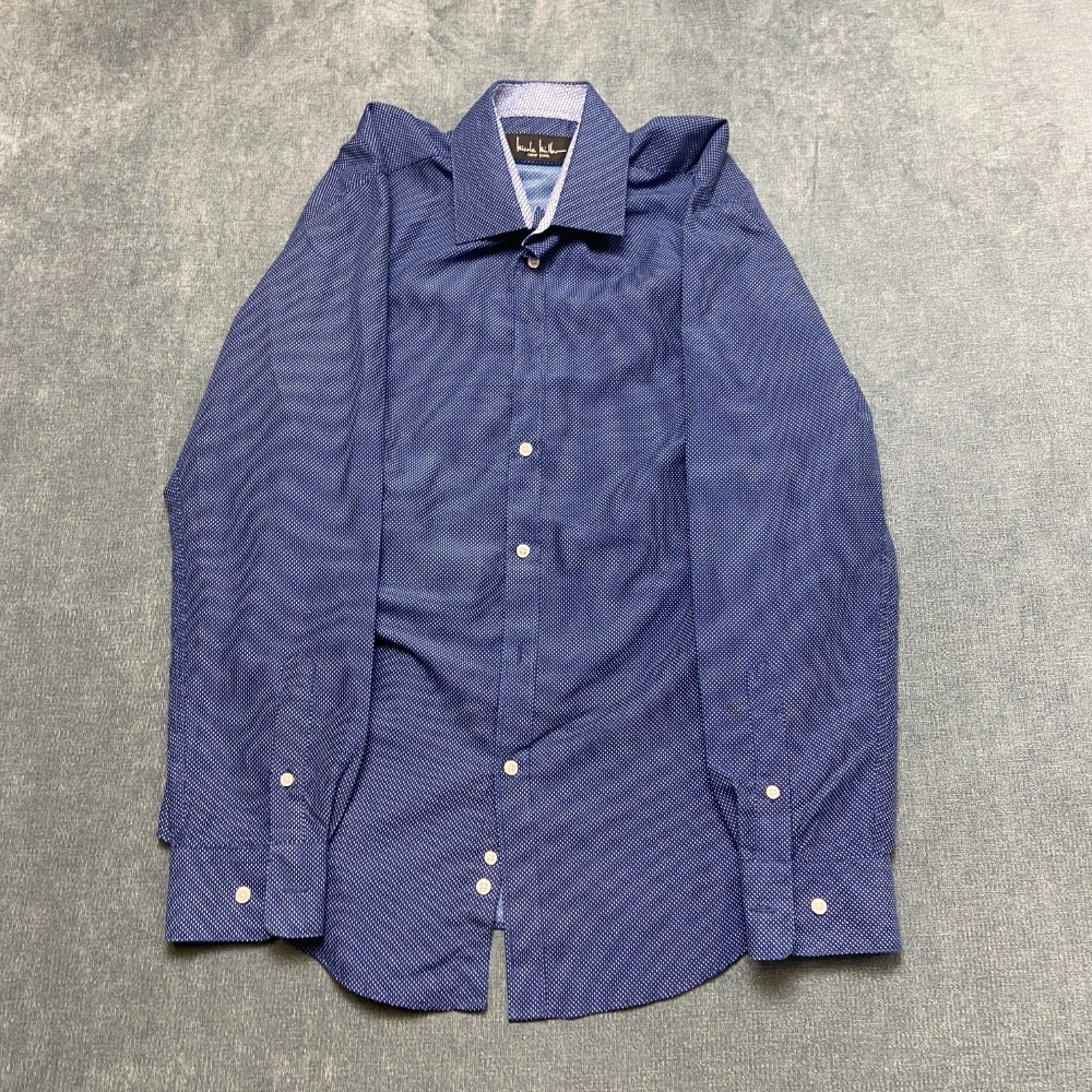 Nicole Miller Dress Shirt Mens Medium 15-15.5 Navy Blue White Polka Dot Formal